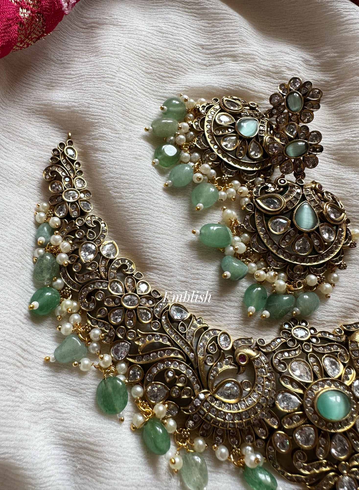 Victorian Flower intricate with double Peacock Neckpiece - Pastel Blue